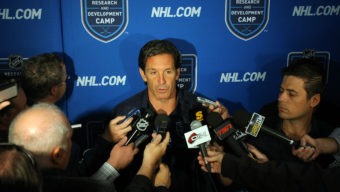 ETOBICOKE, CANADA - AUGUST 18: Brendan Shanahan Sr vice president of NHL Player Safety and Hockey Operations speaks to the media during the NHL Research Development and Orientation Camp held at the Mastercard Centere on August 18, 2011 in Etobicoke, Ontario, Canada. (Photo By Dave Sandford/NHLI via Getty Images)