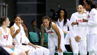 RIO DE JANEIRO, BRAZIL - AUGUST 10: The United States bench laughs during the closing moments of their 110-84 win over Serbia in the Women's Basketball Preliminary Round Group B match between China and Spain on Day 5 of the Rio 2016 Olympic Games at Youth Arena on August 10, 2016 in Rio de Janeiro, Brazil. (Photo by Rob Carr/Getty Images)
