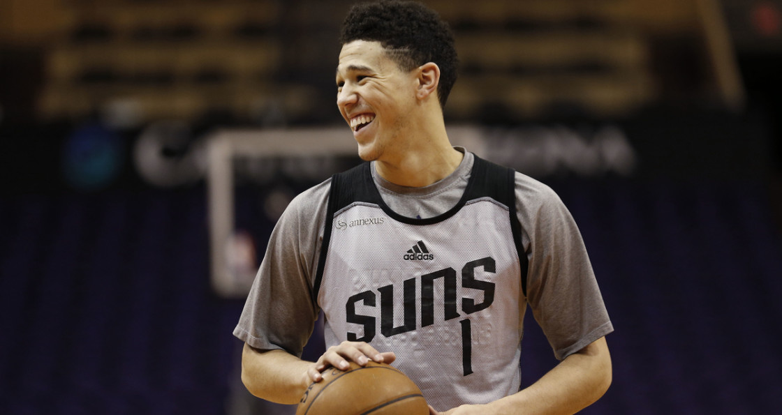 Tyson Chandler and Devin Booker of the Phoenix Suns, in Phoenix, AZ. on February 10 , 2016. (Photo by Jed Jacobsohn for the Players' Tribune)