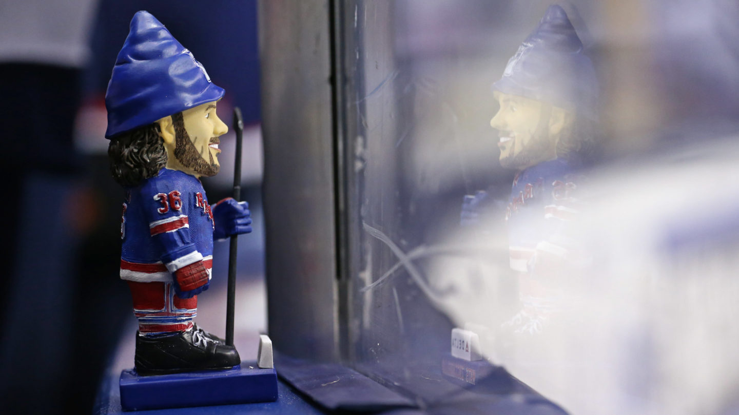 Apr 4, 2016; Columbus, OH, USA; A general view of a gnome statue of New York Rangers right wing Mats Zuccarello (36) during warmups prior to the game against the Columbus Blue Jackets at Nationwide Arena. Mandatory Credit: Aaron Doster-USA TODAY Sports